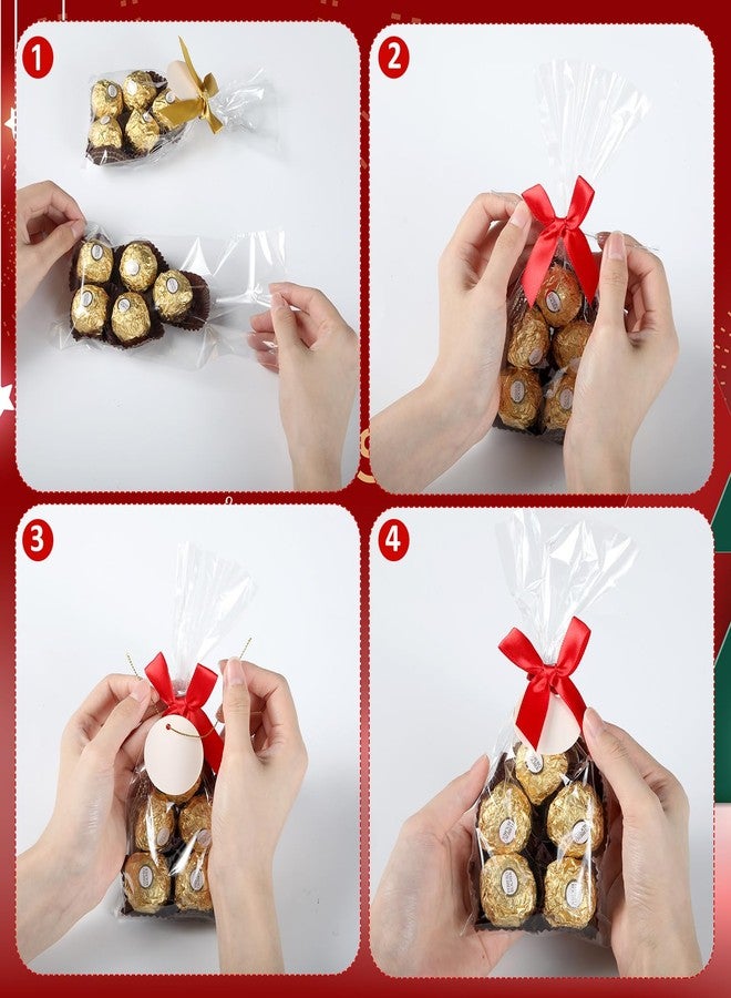 Dansydaisy 100 Sets Christmas Wreath Making Cellophane Bag Clear Plastic Bags Bulk with Candy Gold Bow Twist Tie Hang Tag and Thread Xmas DIY Candy Chocolate Wrapping for Party Favor - Image 3
